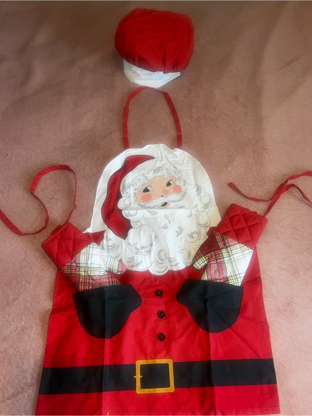 The Holiday Collection Kids Santa Chef Apron with Hat and Oven Mitts Red White - Picture 8 of 12